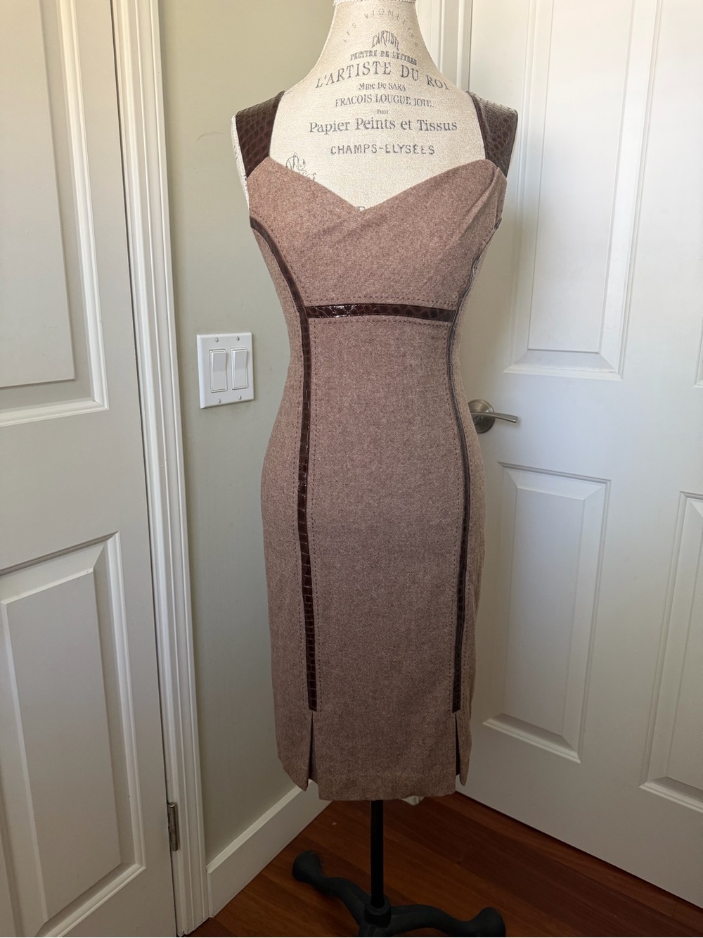 Bebe Midi Sheath Dress with Dark Brown Trim